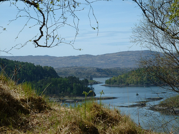 Looking toward Castle Tioram from the Silver Walk into Kinlochmoidart
